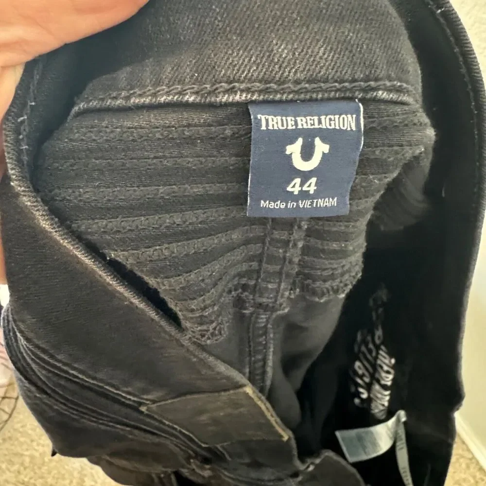 True Religion Mens 40x33 Rocco Relaxed Skinny blue black Moto Denim Jeans‎